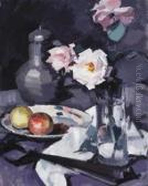 A Still Life Of Roses, Apples And Coffee Pot Oil Painting by Samuel John Peploe