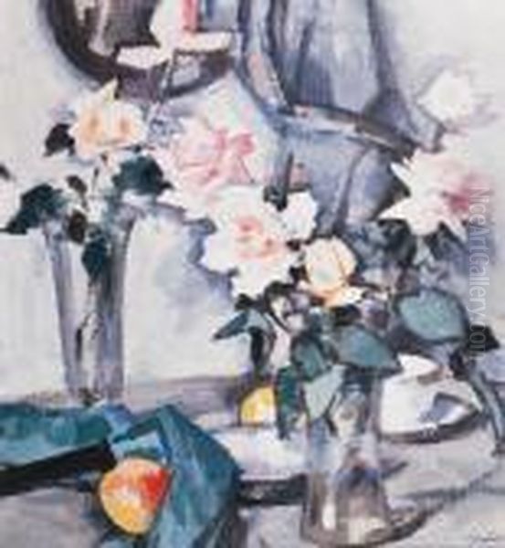 Roses And Teacup Oil Painting by Samuel John Peploe