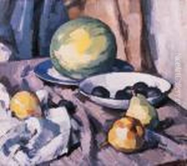 A Watermelon, Pears And Plums Oil Painting by Samuel John Peploe