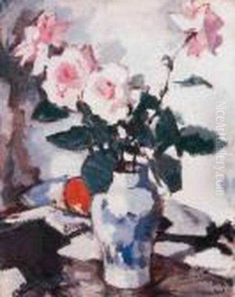 Pink Roses In A Blue And White Vase With A Black Fan And An Appleon A Draped Table Oil Painting by Samuel John Peploe