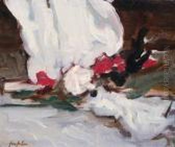 Roses And Napkin Oil Painting by Samuel John Peploe