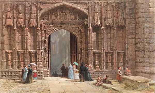 Figures outside the west door of Chester Cathedral Oil Painting by Louise Rayner