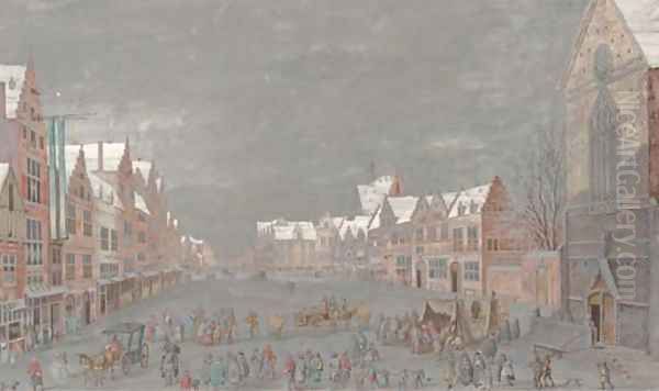 Figures in an elegant square in winter, the roofs of a church seen beyond Oil Painting by Abraham Rademaker