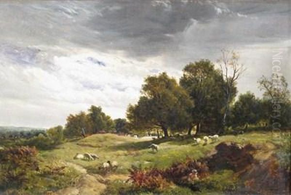 A Shepherd And His Flock On A Moor Oil Painting by Sidney Richard Percy