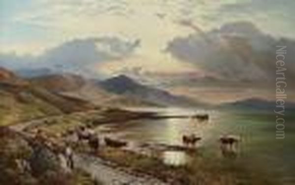 Highland Cattle Watering In A Mountain Loch Oil Painting by Sidney Richard Percy