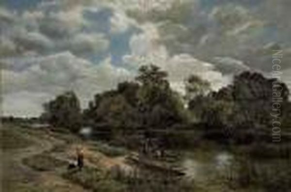 Fisherfolk And Punts On A River Oil Painting by Sidney Richard Percy