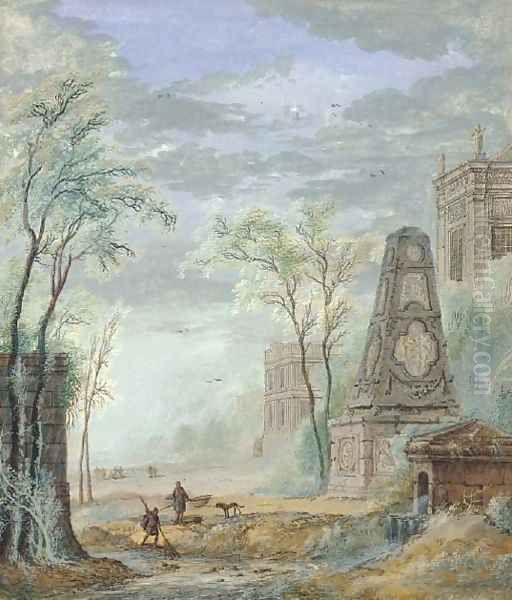 Figures netting before a classical monument with a Palazzo beyond Oil Painting by Abraham Rademaker