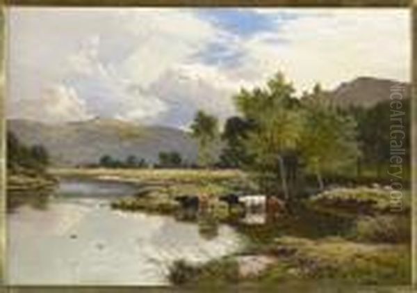 Cattle Watering By A Riverbank Oil Painting by Sidney Richard Percy