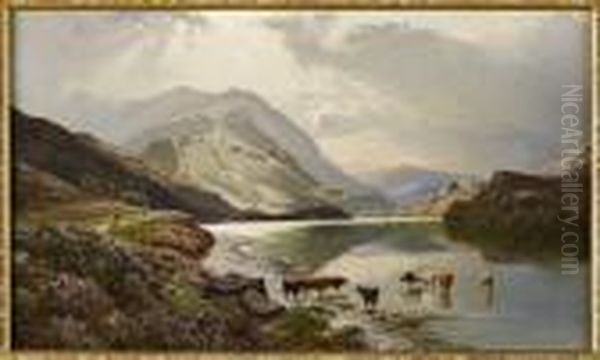 Cattle Watering On The Banks Of A Loch Oil Painting by Sidney Richard Percy