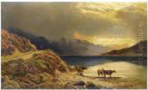 Cattle Watering Beside A Highland Loch Oil Painting by Sidney Richard Percy