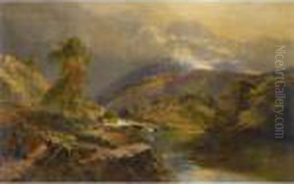 Figures Resting Beside A Highland Loch Oil Painting by Sidney Richard Percy