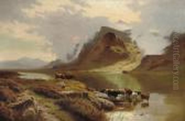 Cattle Watering In A Mountain Lake Oil Painting by Sidney Richard Percy