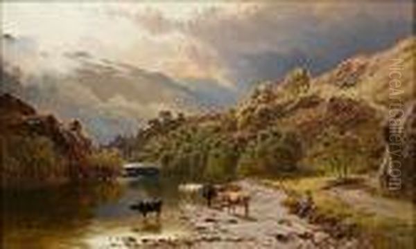 Cattle And Drover On The River Conway, North Wales Oil Painting by Sidney Richard Percy