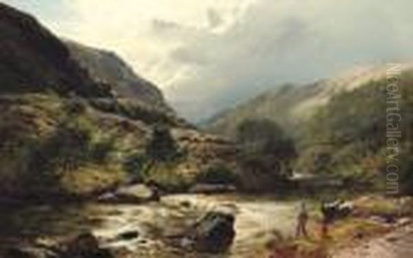 Fishing On A Highland River Oil Painting by Sidney Richard Percy