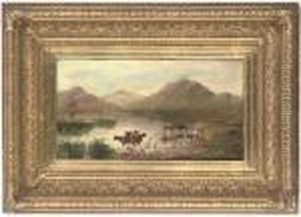 Cattle Watering At The Edge Of A Mountain Lake Oil Painting by Sidney Richard Percy