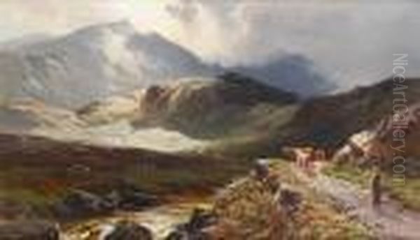 Highland Scene With Cattle And Drover; Lake Scene With Cattle And Drover Oil Painting by Sidney Richard Percy