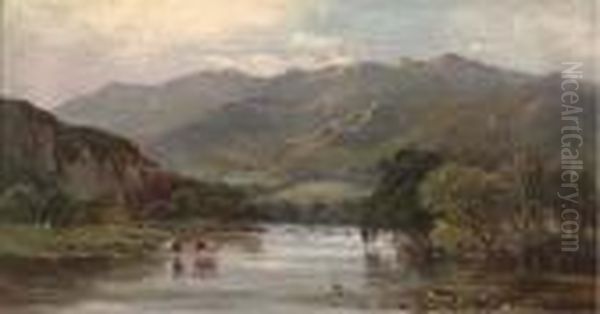 Cattle Watering In A Mountainous Landscape Oil Painting by Sidney Richard Percy