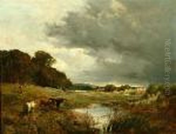 Figures And Cattle In A River Landscape Under A Cloudy Sky Oil Painting by Sidney Richard Percy