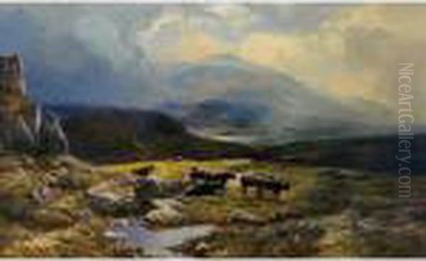 A Mountain Landscape With Cattle Oil Painting by Sidney Richard Percy