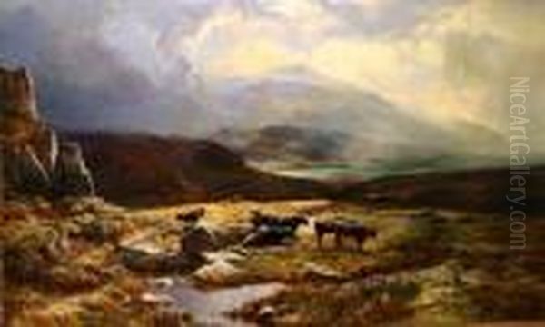 Cattle In A Highland Landscape Oil Painting by Sidney Richard Percy