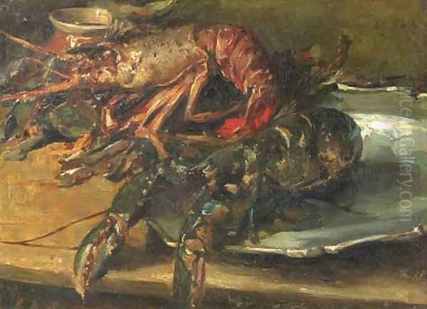 Lobsters on a silver plate Oil Painting by Albert Roelofs