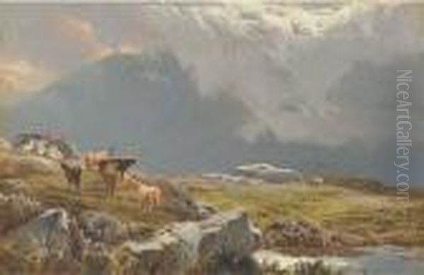 Highland Cattle In A Mountainous Landscape Oil Painting by Sidney Richard Percy