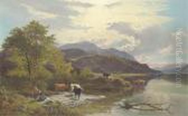 Mountain Landscape With Figures And Cattle By A Lake Oil Painting by Sidney Richard Percy