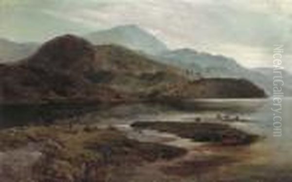 Cattle Watering In A Mountainous Landscape Oil Painting by Sidney Richard Percy