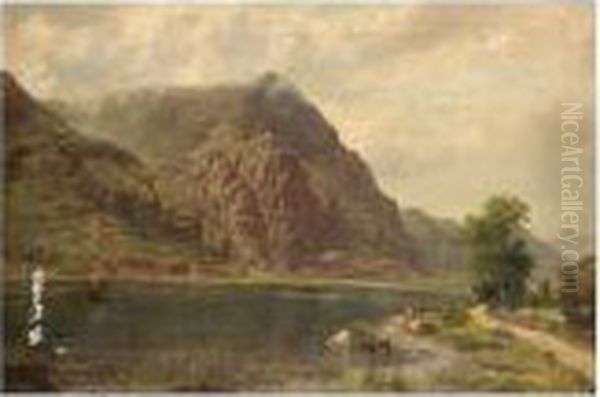 Cattle Watering In A Mountainous Landscape Oil Painting by Sidney Richard Percy