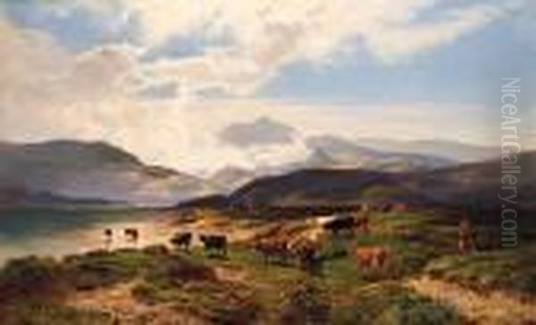 A Drover With Cattle In A Mountainous Landscape by Sidney Richard Percy