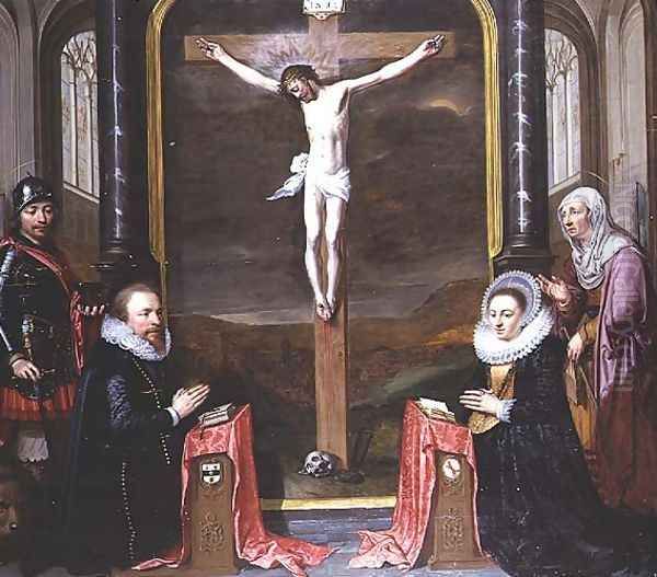 A Crucifixion with Portraits of the Donors Adriaen Meusyenbroeck and his Wife, Anna Elant, Attended by St. Adrian and St. Elizabeth, 1618 Oil Painting by Jan Anthonisz. van Ravestyn