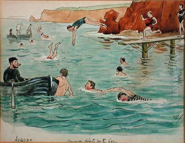 The Month of August Swimming and Diving Oil Painting by George Derville Rowlandson