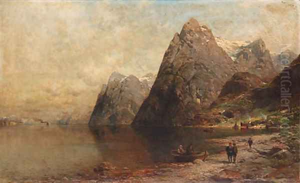 Mountainous lake landscape Oil Painting by Julius Rose