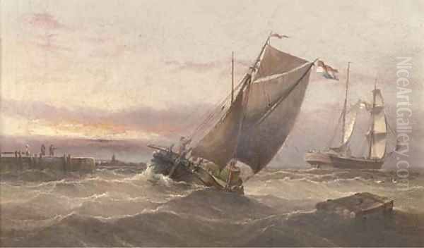 A Dutch brig running out of harbour amidst other traffic at dusk Oil Painting by Henry Redmore