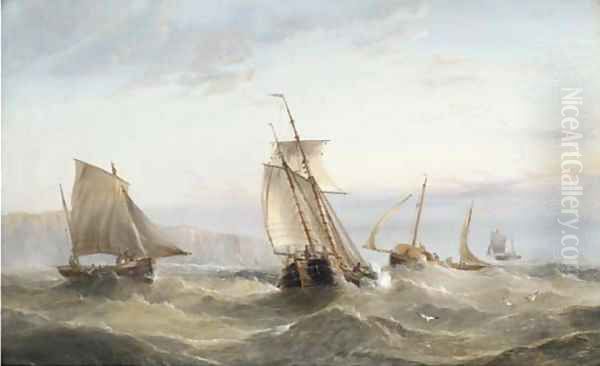 Barges shortening sail offshore Oil Painting by Henry Redmore