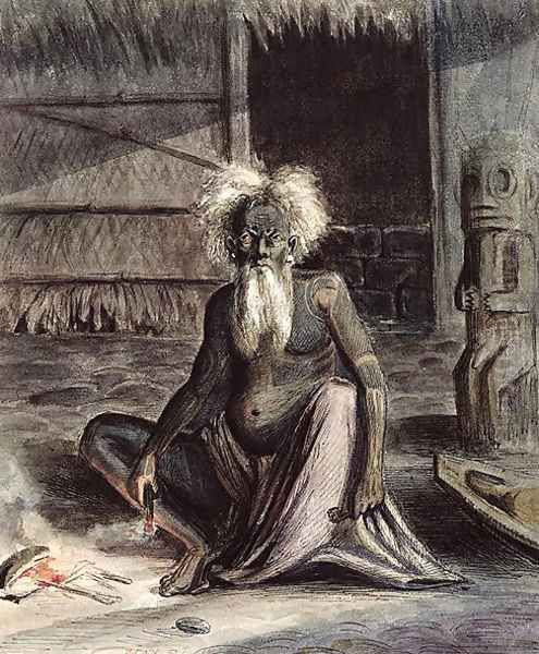 Old man of Tahiti seated near a Tiki, c.1841-48 Oil Painting by Maximilie Radiguet