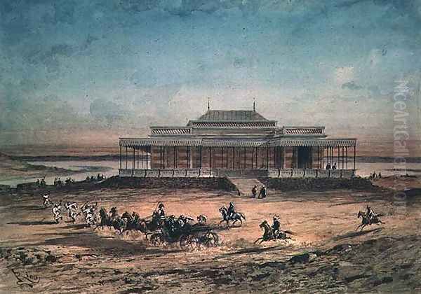 The Empress Eugenie travelling to the Inauguration of the Suez Canal in 1869, from a souvenir album, 1869 Oil Painting by Edouard Riou