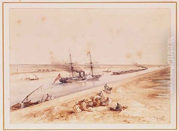 A Turkish Paddle Steamer Going Up the Suez Canal, from a souvenir album to commemorate the Voyage of Empress Eugenie 1826-1920 at the Inauguration in 1869 Oil Painting by Edouard Riou