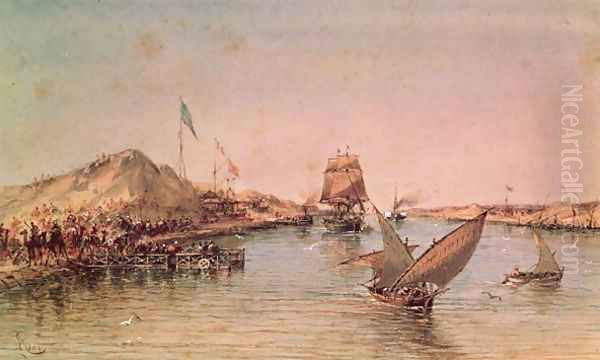 Shipping on the Suez Canal, from a souvenir album commemorating the Voyage of Empress Eugenie 1826-1920 at the Inauguration in 1869 Oil Painting by Edouard Riou