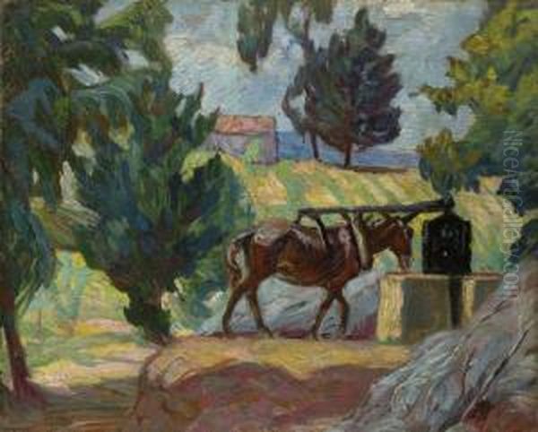 Landscape With Donkey By A Well. Oil Painting by Jean Peske