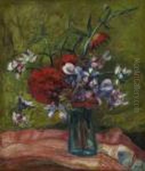 Fleurs Dans Un Vase Vert Oil Painting by Jean Peske