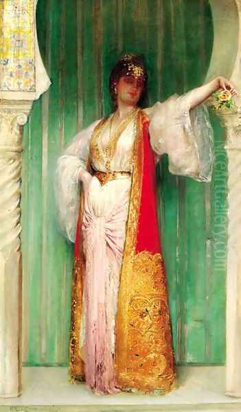 An Oriental beauty, standing in an alcove Oil Painting by Edouard Frederic Wilhelm Richter