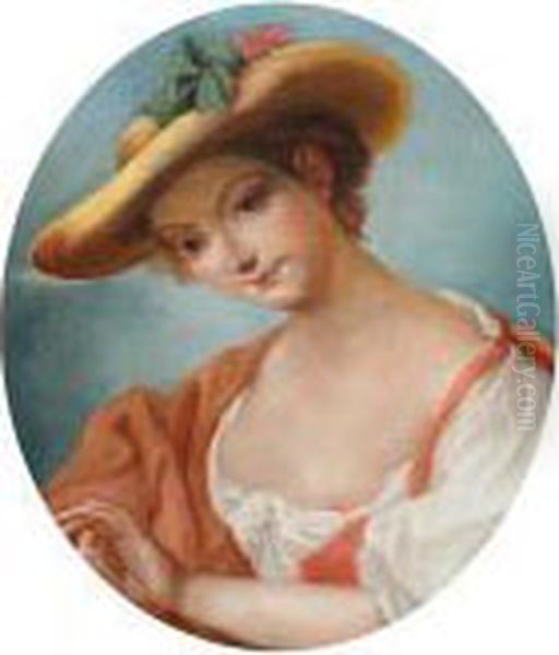 Lady In A Straw Hat Oil Painting by Antoine Pesne