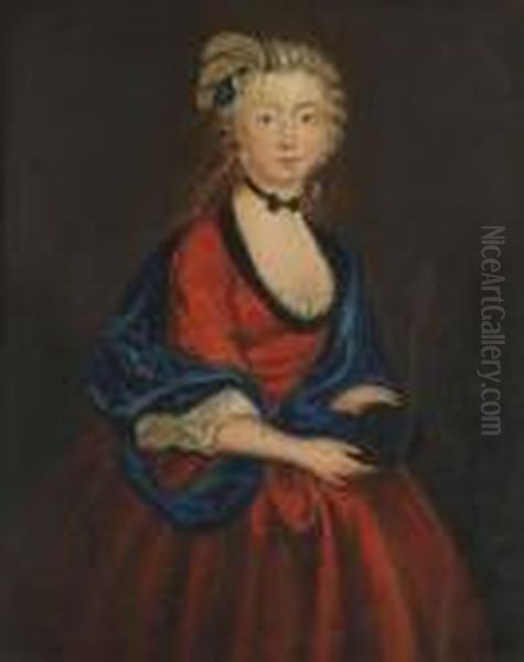 Portrait Of A Lady, Small 
Standing Three-quarter-length, In A Red Dress With A Blue Wrap, Holding A
 Mask Oil Painting by Antoine Pesne