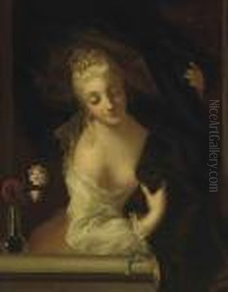 A Lady En Deshabille At A Parapet Beside A Vase Of Flowers Oil Painting by Antoine Pesne