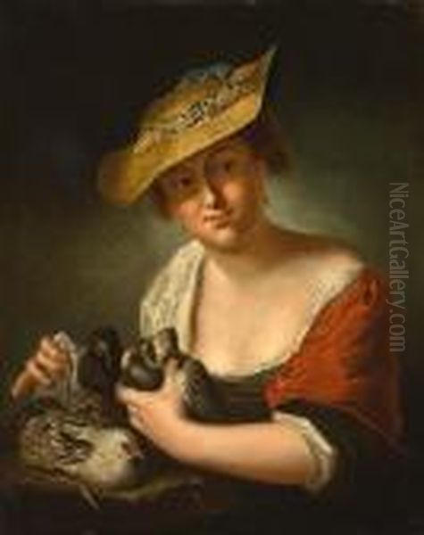 A Girl With Pigeons Oil Painting by Antoine Pesne