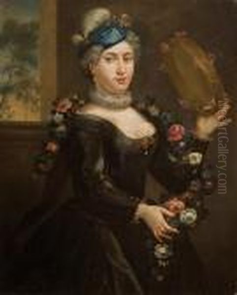 Dama Con Corona Di Fiori E Tamburello Oil Painting by Antoine Pesne