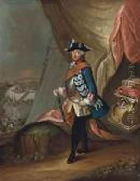 Portrait Of Frederick Ii Of 
Prussia (1712-1786), Full-length, Inmilitary Uniform, A Baton In His 
Right Hand, Standing In Alandscape, A Battle Beyond Oil Painting by Antoine Pesne