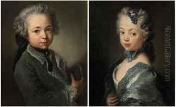 Portrait Of The Artist's 
Grandson, Bust-length, In A Fur-linedgreen Coat, Holding A Tricorne; And
 Portrait Of The Artist'sgrand-daughter, Bust-length, In A White Dress 
With A Blue Mantle, Ablue Ribbon And A Flowered Headdress Oil Painting by Antoine Pesne