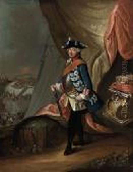 Portrait Of Frederick Ii Of 
Prussia (1712-1786), Full-length, Inmilitary Uniform, A Baton In His 
Right Hand, Standing In Alandscape, A Battle Beyond Oil Painting by Antoine Pesne